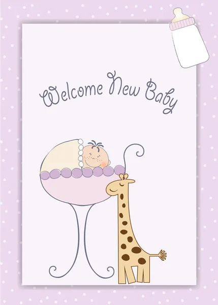 Yeni bebek klasik kartı, arabası ve zürafa oyuncağı. — Stok fotoğraf