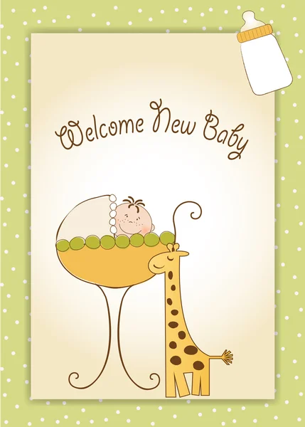 Nuova baby card vintage con, carrozza e giraffa giocattolo — Foto Stock