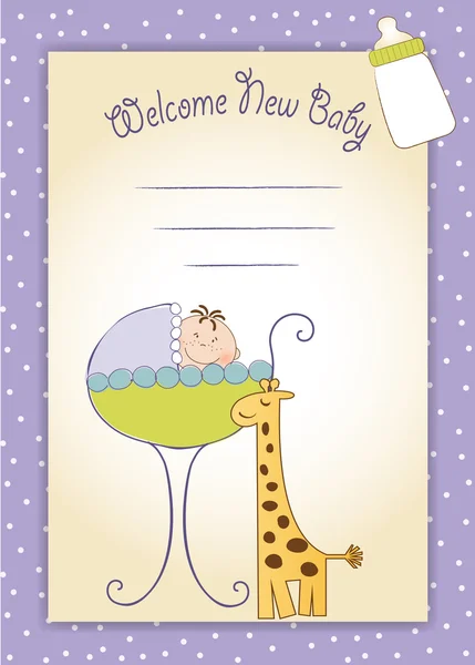 New baby vintage card with, carriage and giraffe toy — Stock Photo, Image