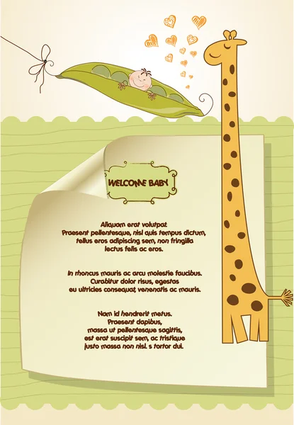 Tarjeta de bebé nueva personalizable con frijol de guisante y jirafa —  Fotos de Stock