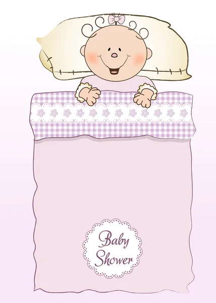 Baby shower invitation with a child sleeping in his bed — Stock Photo, Image