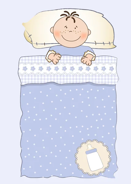 Baby shower invitation with a child sleeping in his bed — Stock Photo, Image