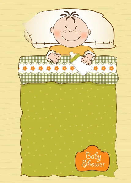 Baby shower invitation with a child sleeping in his bed — Stockfoto