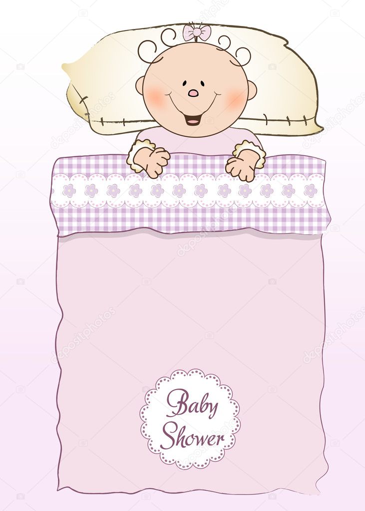 Baby shower invitation with a child sleeping in his bed