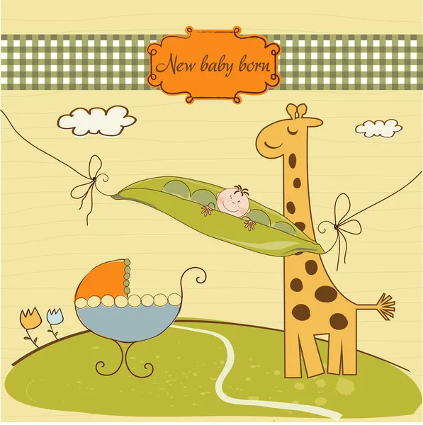 Cartão de boas-vindas com feijão de ervilha bonito e pequena girafa — Fotografia de Stock