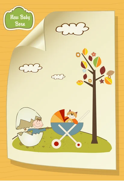 Cartão de boas vindas com ovo quebrado e carruagem — Fotografia de Stock