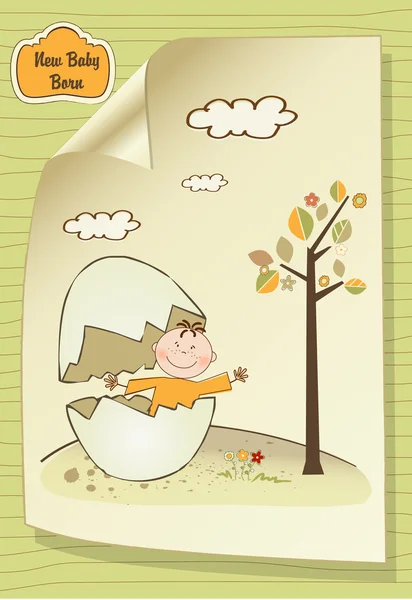 Вітальна листівка з розбитим яйцем і маленькою дитиною — стокове фото