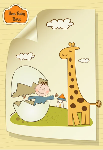 Vítejte baby karta s rozbité vajíčko a žirafa — Stock fotografie
