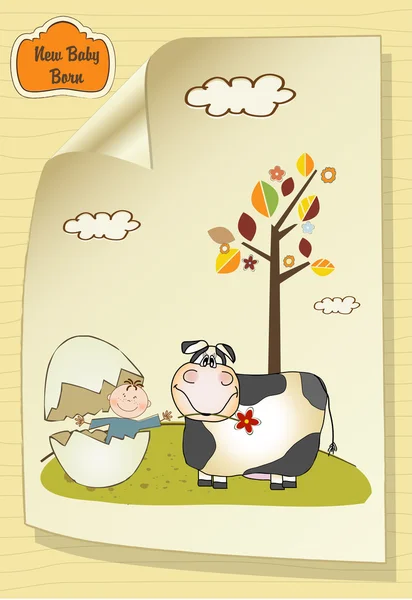 Bem-vindo cartão de bebê com ovo quebrado e bebê pequeno — Fotografia de Stock