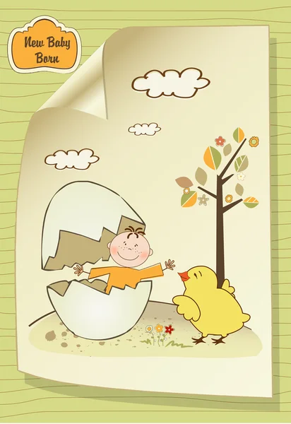 Welcome baby card with broken egg and little baby — Stock Photo, Image