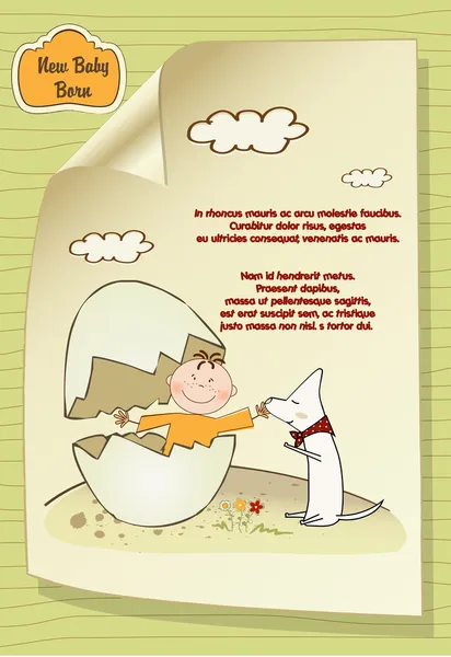 Benvenuto baby card con uovo rotto annuncio cane — Foto Stock