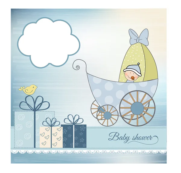 乳母車と赤ちゃんシャワーお知らせカード — ストック写真