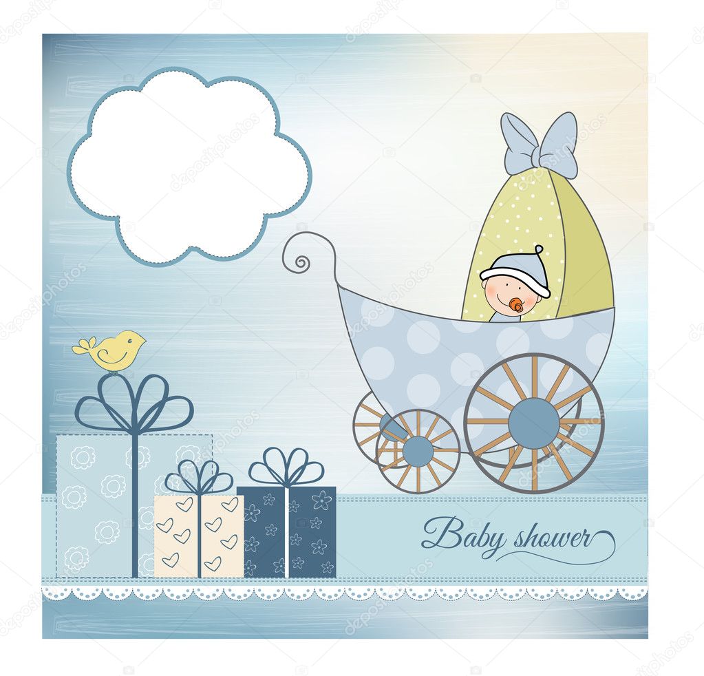 Baby shower announcement card with pram