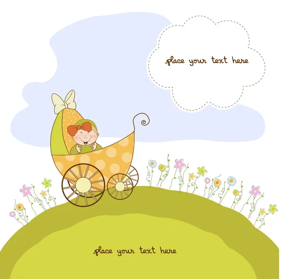 Bebê menina chuveiro cartão de anúncio com carrinho — Fotografia de Stock