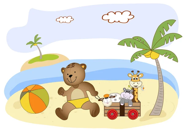 Teddybär spielt am Strand — Stockfoto