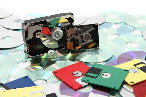 Hdd, floppy, dvd and cd-rom data background — Stock Photo, Image