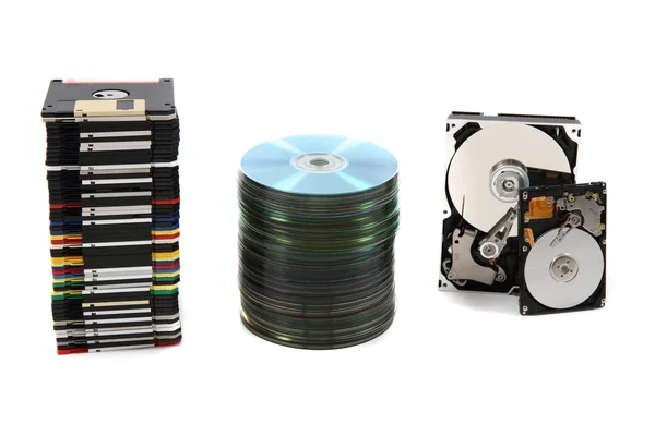 Pevný disk, diskety, dvd a cd-rom data na pozadí — Stock fotografie