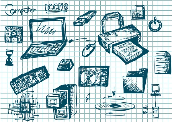 Computadora dibujada a mano y accesorios — Vector de stock