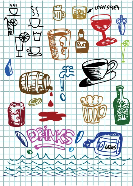Objetos de bebida desenhados à mão em cores diferentes — Vetor de Stock