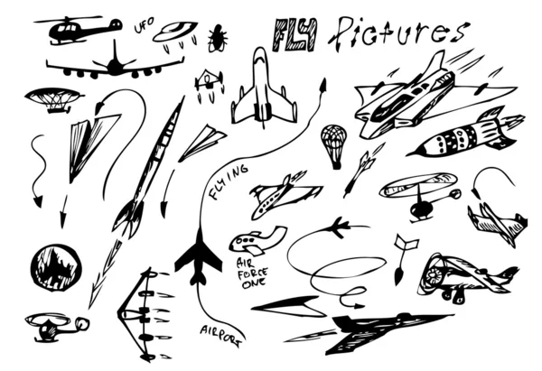 Iconos de vehículos voladores dibujados a mano — Archivo Imágenes Vectoriales