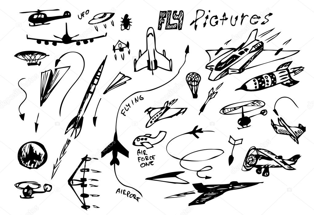 hand drawn flying vehicles icons