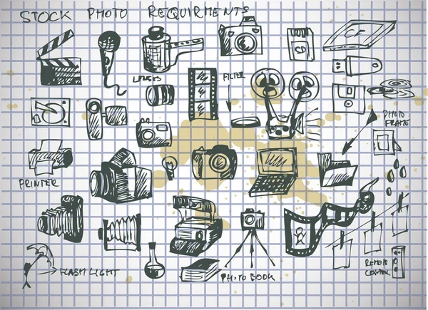 Accesorios de fotógrafo dibujado a mano — Vector de stock