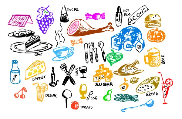 Icônes alimentaires dessinées à la main — Image vectorielle
