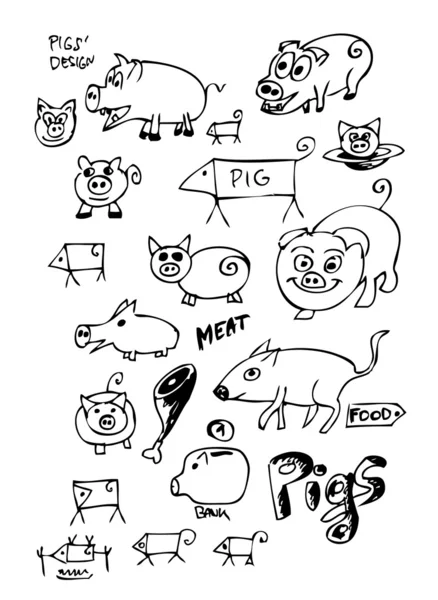 Collection de porcs dessinés à la main — Image vectorielle