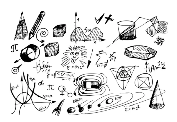 Matemática dibujada a mano y símbolos físicos — Archivo Imágenes Vectoriales