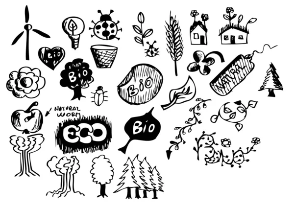 Naturaleza dibujada a mano y símbolos ecológicos — Vector de stock