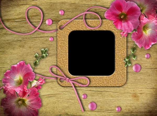 复古相框和粉红色锦葵 — 图库照片