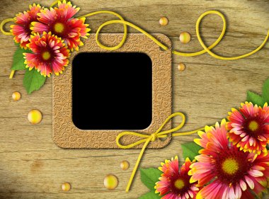 Vintage photo frames and red and yellow daisies clipart