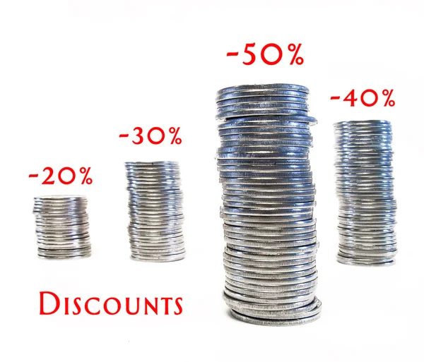 Columns of coins, discounts. — Stock Photo, Image