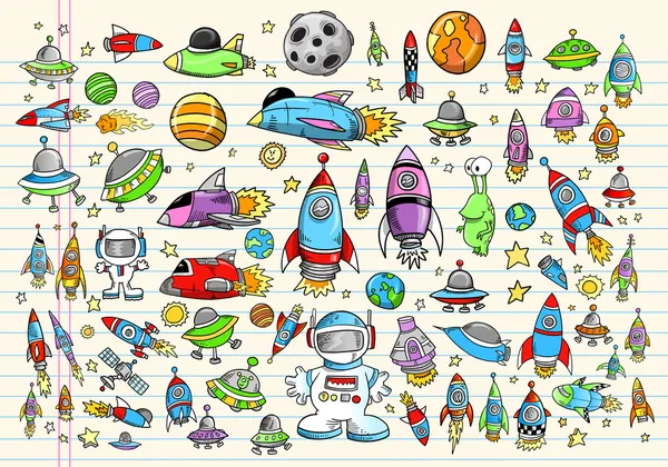 Illustrazione vettoriale di Mega Space Set di notebook a colori Doodle — Vettoriale Stock