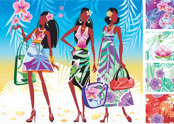 Mulheres em vestidos de verão com estampas florais — Vetor de Stock