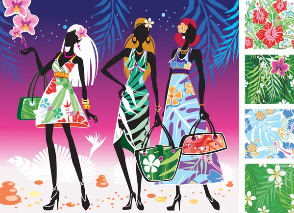 Mulheres em vestidos de verão com padrões —  Vetores de Stock