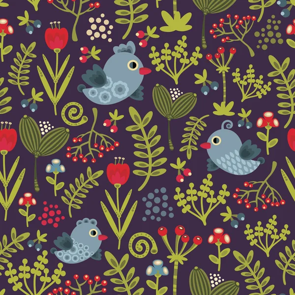 Färgglada seamless mönster med fåglar och blommor. — Stock vektor