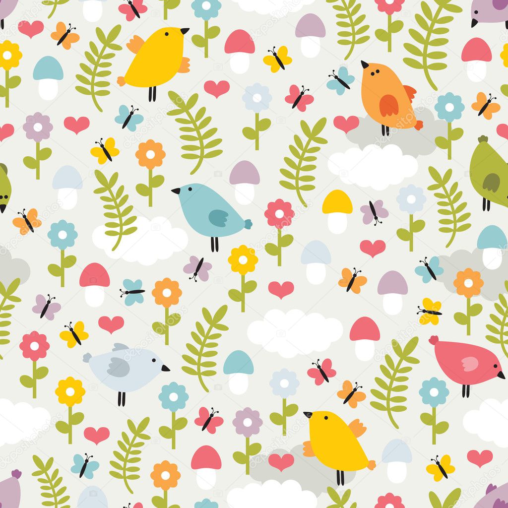 Cute seamless pattern with birds,flowers and mushrooms.