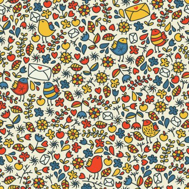 Seamless autumn pattern with romantic birds, hearts and flora. clipart