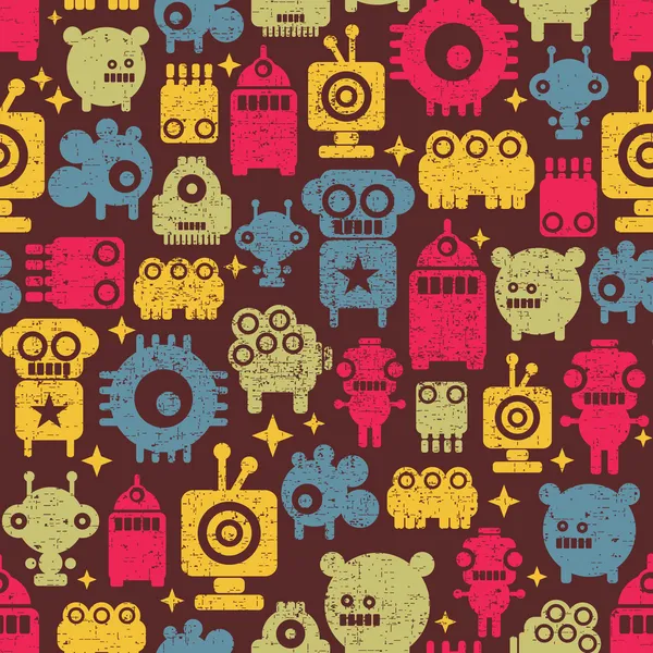 Cute robot and monsters modern seamless pattern in retro style. — Stock Vector