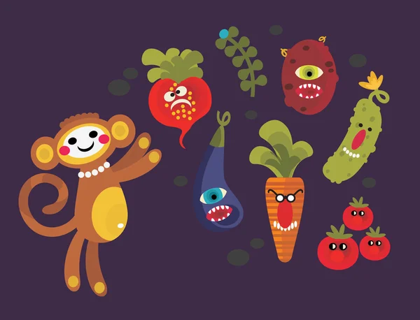 Set of cute vegetables monsters and a monkey. — Stock Vector
