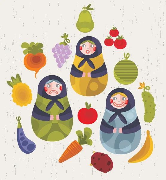 Matreshka κούκλα και μερικά φρούτα και λαχανικά. — Διανυσματικό Αρχείο