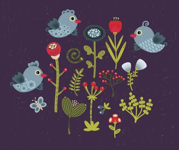 Kuşlar ve çiçekler. — Stok Vektör