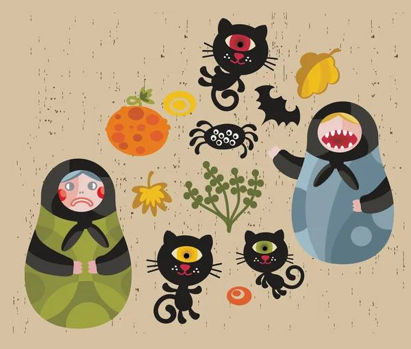 Halloween ikoner med matreshka och katter. — Stock vektor
