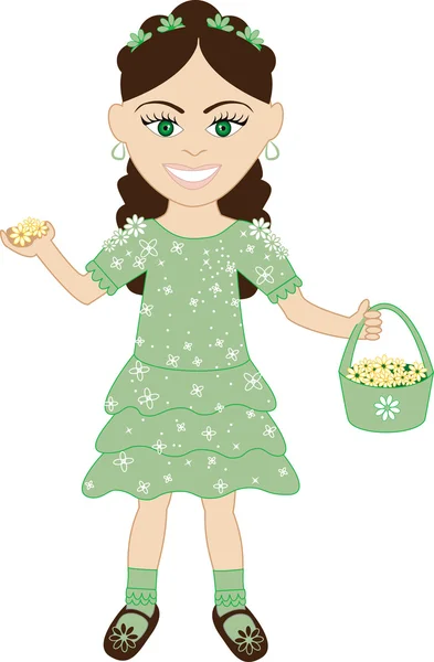 Green Dress Flower Girl — Stock Vector