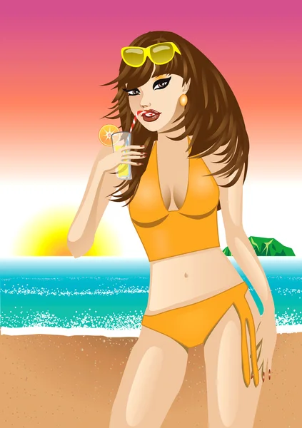 橙色沙滩女孩 — 图库矢量图片