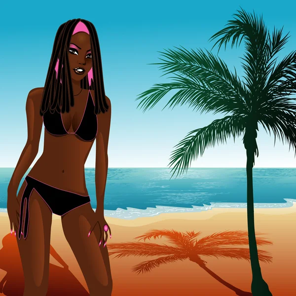 Nero bikini spiaggia ragazza — Vettoriale Stock