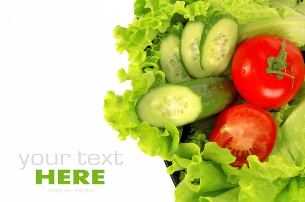 Salade, tomaat, komkommer, salade blad geïsoleerd op witte achtergrond — Stockfoto