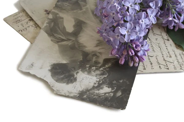 stock image Vintage postcards and spray of lilac