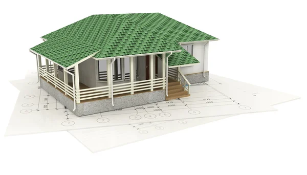 Dibujo de la casa y su modelo 3D — Foto de Stock